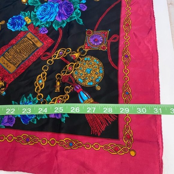 Vintage J.G.HOOK SILK Square Scarf 31”Red Colorful Floral W Chains… - Picture 10 of 13
